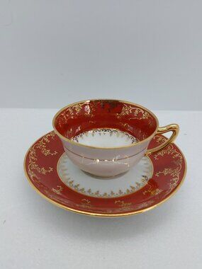 Vintage Small Tea Cup And Saucer Porcelain Limoges France Burgundy Gold Trim